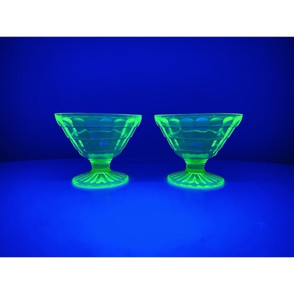 Anchor Hocking Block Optic Sherbet Dish x 2 Uranium Glass Vaseline Dish - Picture 2 of 10